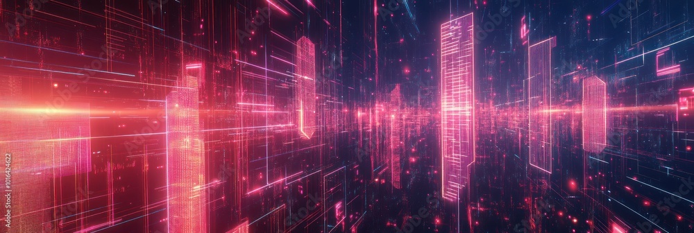 Futuristic digital landscape with glowing data streams and abstract structures. Futuristic digital landscape with glowing data streams and abstract structures.