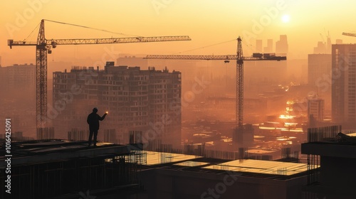 A silhouette of a person on a building rooftop at sunset, surrounded by cranes and cityscape.