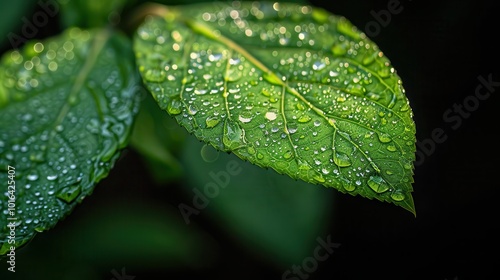 Dewy Green Leaves with Natural Water Droplets