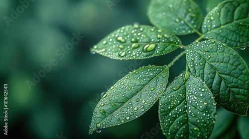Fresh Green Leaf with Water Droplets Close-Up