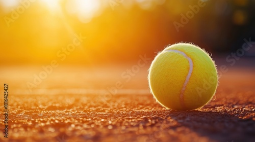 Tennis ball on court during sunset, vibrant colors