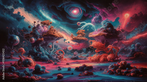 A vividly colored, abstract painting of a surreal landscape filled with floating islands, swirling galaxies, and vibrant shapes. Otherworldly creatures interact with their chaotic yet harmonious envir