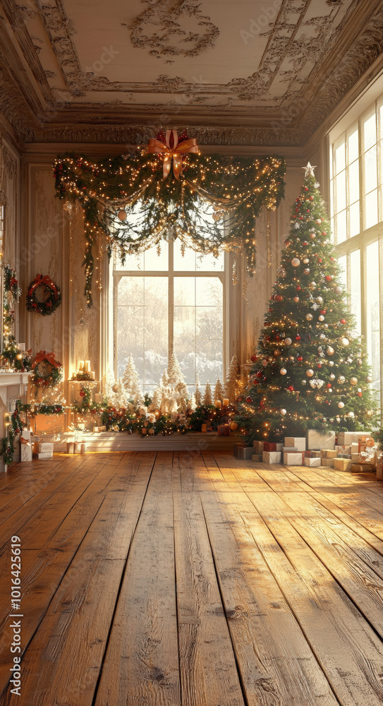 Fototapeta premium A living room with a wooden floor, a Christmas tree and lots of Christmas decorations