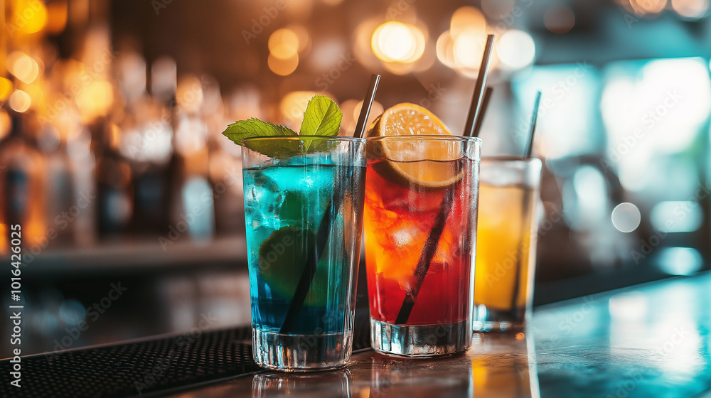 Close-up of colorful cocktails on a bar ready to be served. Generative AI. Close-up of colorful cocktails on a bar ready to be served. Generative AI.