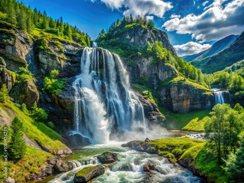Skjervsfossen Waterfall tumbles dramatically down steep cliffs, embraced by vibrant green foliage, creating a spectacular natural scene in the stunning landscape of Norway.