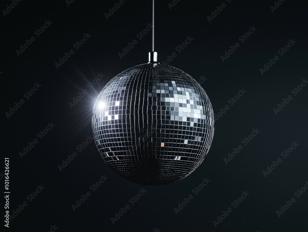 Fototapeta premium Shiny disco ball hanging against a black background, representing nightlife, music, and retro party atmosphere
