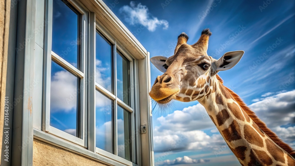 Naklejka premium Panoramic giraffe looking out window with blue sky background