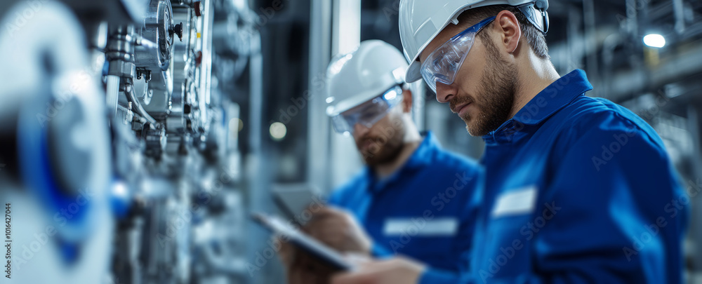 Two engineers in blue overalls and white helmets take notes while checking the control panel of an industrial plant, Two engineers in blue overalls and white helmets take notes while checking the control panel of an industrial plant,