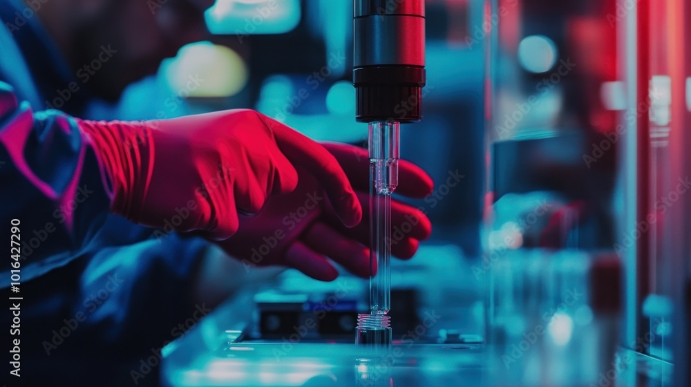 A scientist in gloves operates lab equipment, focusing on precision and research. A scientist in gloves operates lab equipment, focusing on precision and research.