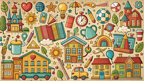 Vintage Style Colorful School Background with Doodle Icons for Creative Projects