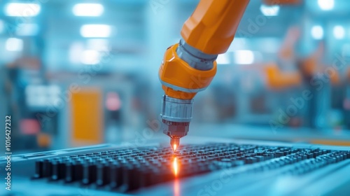 Close up view of a robotic arm performing a final inspection on a precision machined industrial component using advanced sensors microscopes photo