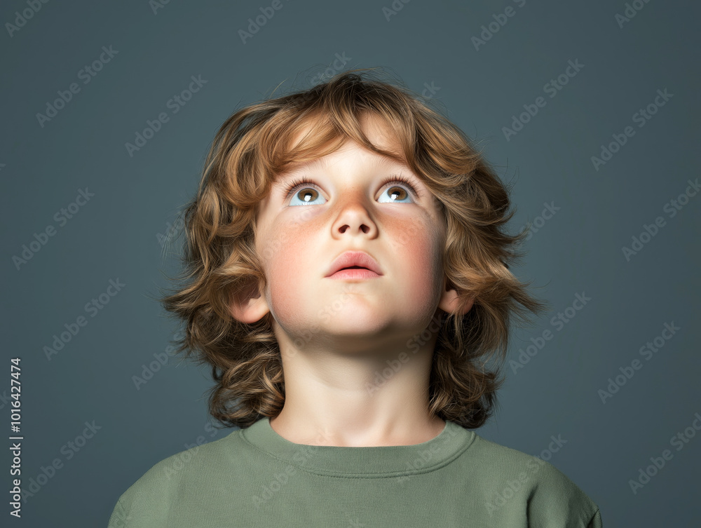 Young boy looking up in wonder, with a light blue background, representing curiosity and childhood innocence Young boy looking up in wonder, with a light blue background, representing curiosity and childhood innocence