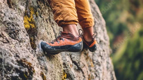 Close up on a climber's foot in yellow climbing shoes, wearing red pants,  scaling a cliff face. photo