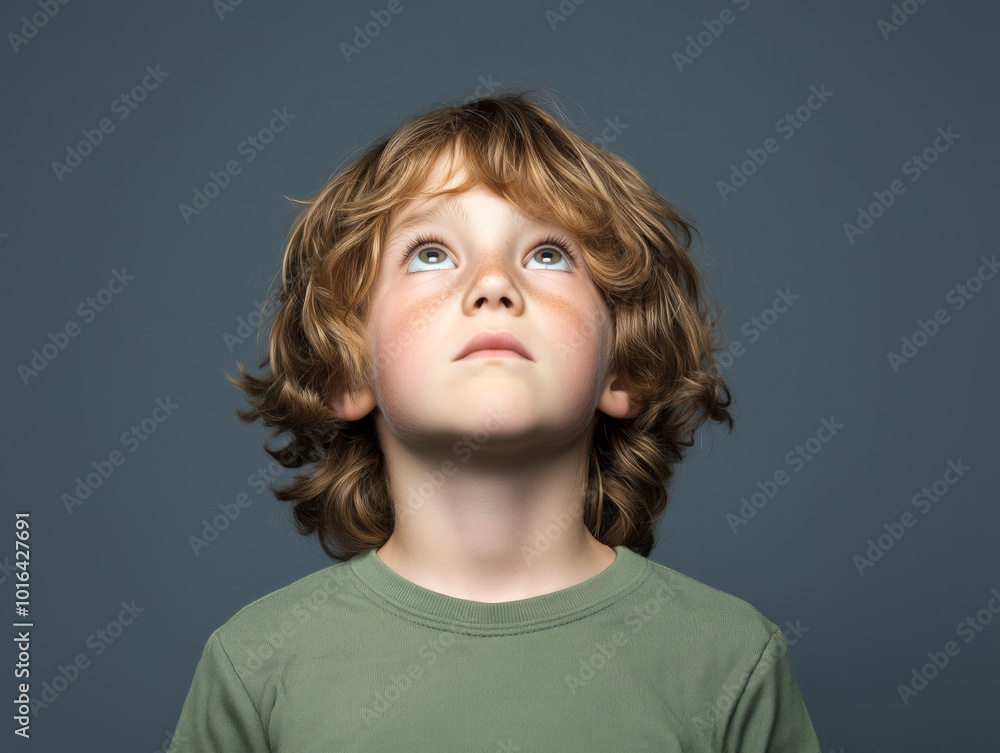 Young boy looking up in wonder, with a light blue background, representing curiosity and childhood innocence Young boy looking up in wonder, with a light blue background, representing curiosity and childhood innocence