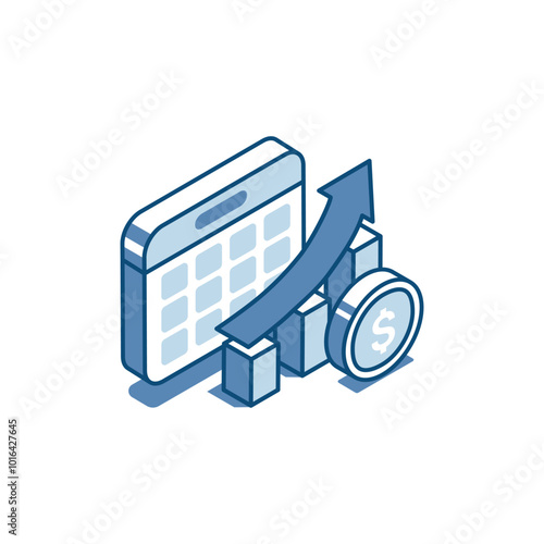 isometric vector linear icon calendar and chart with arrow and coin, in color on white background, planned income growth or profit photo