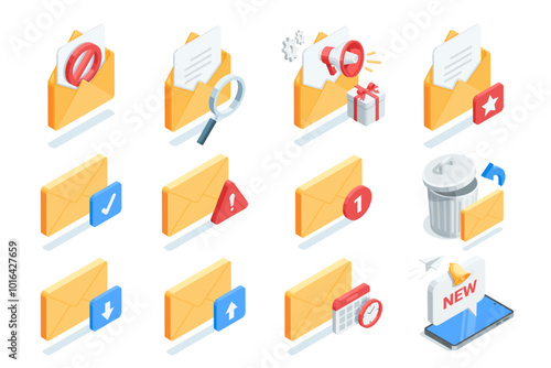 isometric vector set of envelopes and icons, in color on white background, email and messages