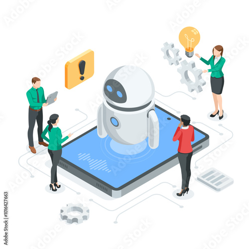 isometric vector bot on tablet screen and people developing it, in color on white background, artificial intelligence