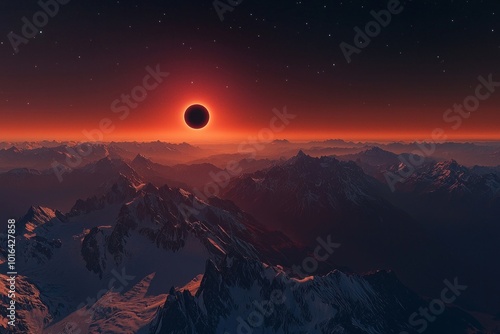 An eclipse (solar eclipse) view from the sky above mountains on Earth, with red and orange colors,