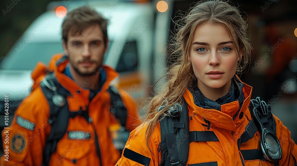 Young woman rescue worker in orange uniform looking at camera Young woman rescue worker in orange uniform looking at camera
