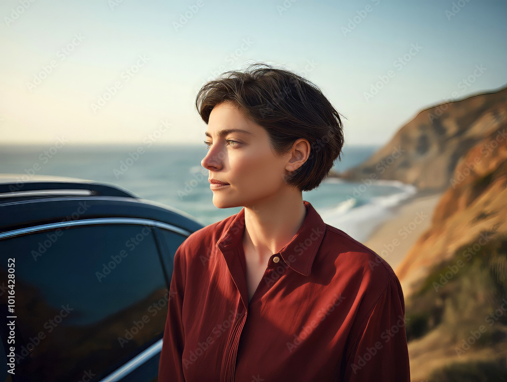 Thoughtful woman standing by the ocean at sunset, with the sun casting a warm glow over the coastal landscape Thoughtful woman standing by the ocean at sunset, with the sun casting a warm glow over the coastal landscape