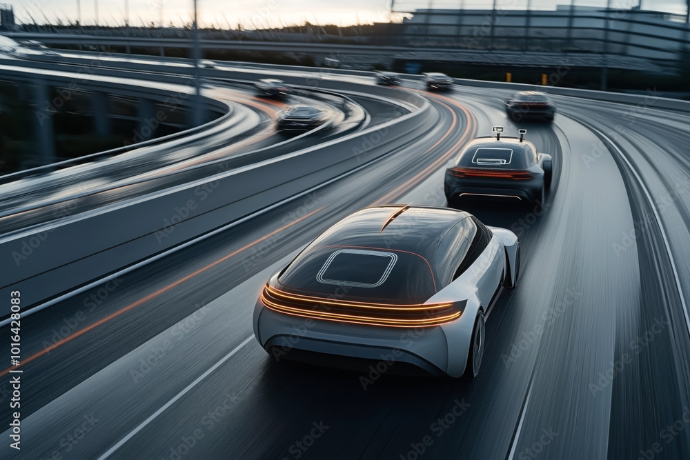 Futuristic autonomous cars driving on a multi-lane highway with illuminated red lines, showcasing advanced transportation technology in an urban environment at dusk. Futuristic autonomous cars driving on a multi-lane highway with illuminated red lines, showcasing advanced transportation technology in an urban environment at dusk.