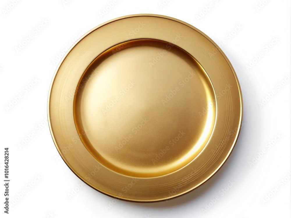 Golden plate isolated on white background, empty and round, with clipping path, ideal for food poster design, presentation, or mock-up template, elegant and luxurious. Golden plate isolated on white background, empty and round, with clipping path, ideal for food poster design, presentation, or mock-up template, elegant and luxurious.