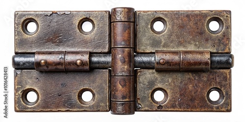 High-contrast portrait of industrial iron hinges with a rustic texture, manufactured in Indonesia, isolated on a clean white background, showcasing durability and strength. photo