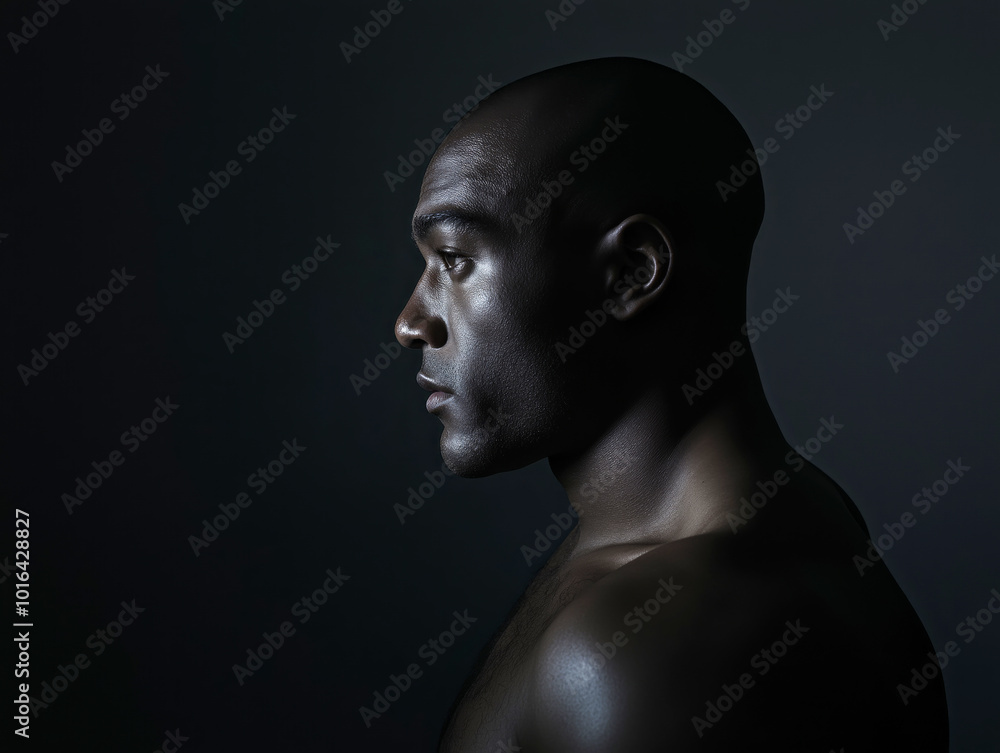 Low-key profile portrait of a muscular African American man against a dark background, emphasizing strength and contemplation Low-key profile portrait of a muscular African American man against a dark background, emphasizing strength and contemplation