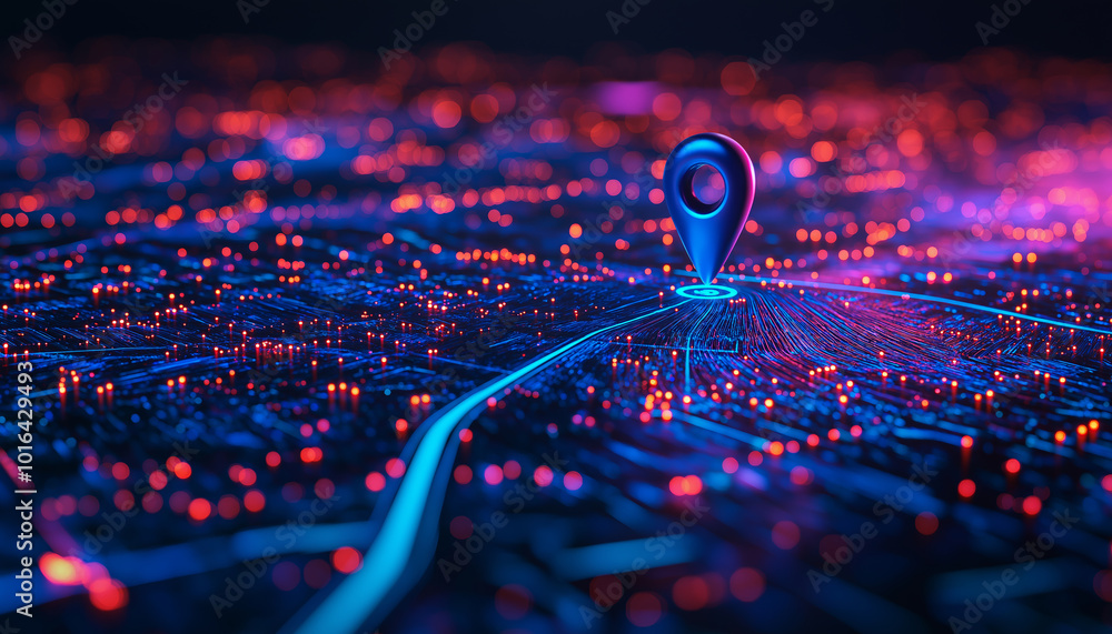 vibrant 3D render of blue location pin on city map, surrounded by glowing lights and intricate pathways, evokes sense of exploration and connectivity vibrant 3D render of blue location pin on city map, surrounded by glowing lights and intricate pathways, evokes sense of exploration and connectivity