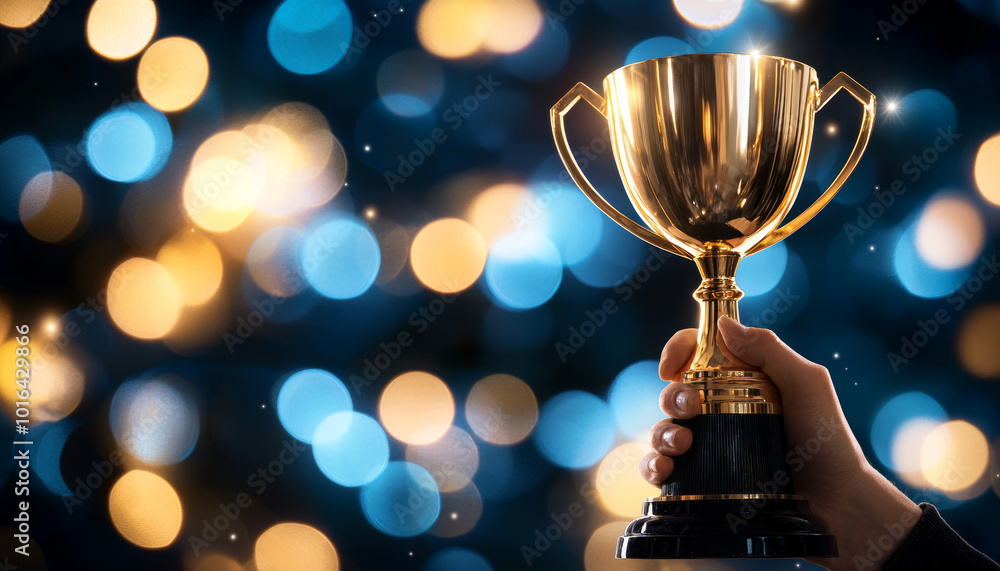 golden trophy cup held against vibrant bokeh background, symbolizing achievement and celebration. shimmering lights enhance sense of victory and joy golden trophy cup held against vibrant bokeh background, symbolizing achievement and celebration. shimmering lights enhance sense of victory and joy