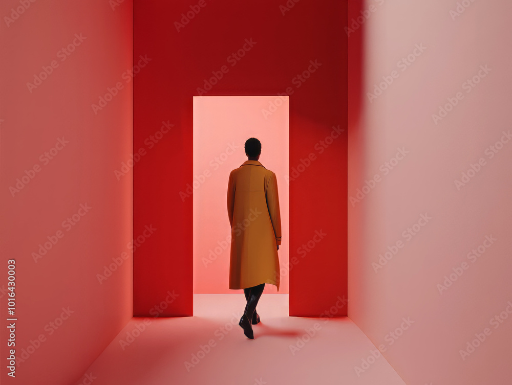 Minimalist scene of a woman in a yellow coat walking through a red doorway, symbolizing transition and new beginnings Minimalist scene of a woman in a yellow coat walking through a red doorway, symbolizing transition and new beginnings