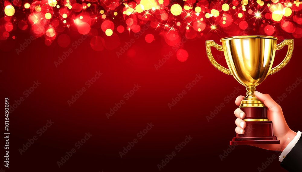 golden trophy cup held in hand, set against vibrant red background with sparkling bokeh lights, symbolizes achievement and celebration golden trophy cup held in hand, set against vibrant red background with sparkling bokeh lights, symbolizes achievement and celebration