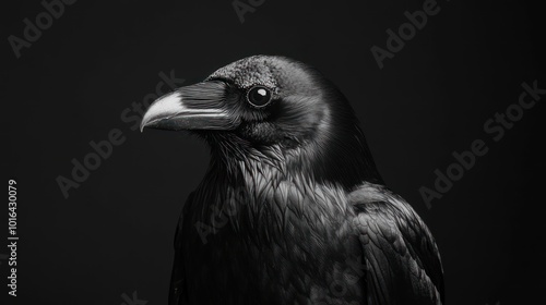 A close-up portrait of a raven against a black background. The raven's feathers are ruffled and its eyes are intense.