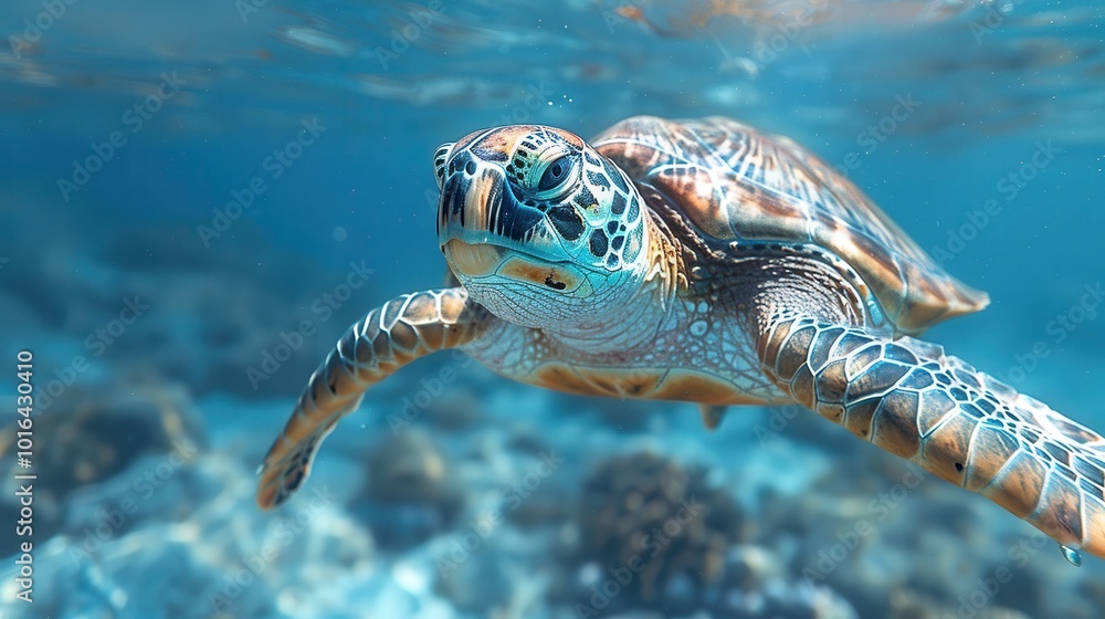 Obraz premium Graceful Turtle Swimming in Clear Ocean Waters