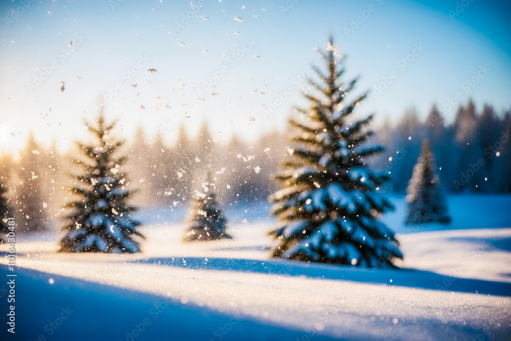Snowy forest in the early sunny morning. Blurry snow background. Winter christmas landscape with snowflakes. New Year banner for greetings and design Snowy forest in the early sunny morning. Blurry snow background. Winter christmas landscape with snowflakes. New Year banner for greetings and design