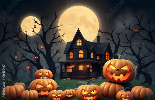 Halloween banner background idea. Background image with pumpkins and haunted house in 3D. Halloween background with aggressive pumpkin. Creepy, scary, dark night forest.