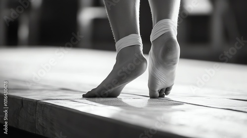 A ballerina's feet stand on a wooden floor, black and white photo.