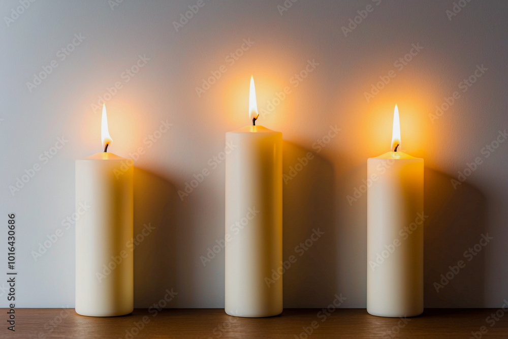 Candles in a Row. Three simple, white candles with golden flames, aligned horizontally on a plain background. The candle flames give off a soft, warm glow, to evoke a cozy, festive atmosphere Candles in a Row. Three simple, white candles with golden flames, aligned horizontally on a plain background. The candle flames give off a soft, warm glow, to evoke a cozy, festive atmosphere