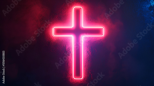 A vibrant pink neon cross shines against a dark, smoky background, symbolizing faith and spirituality.