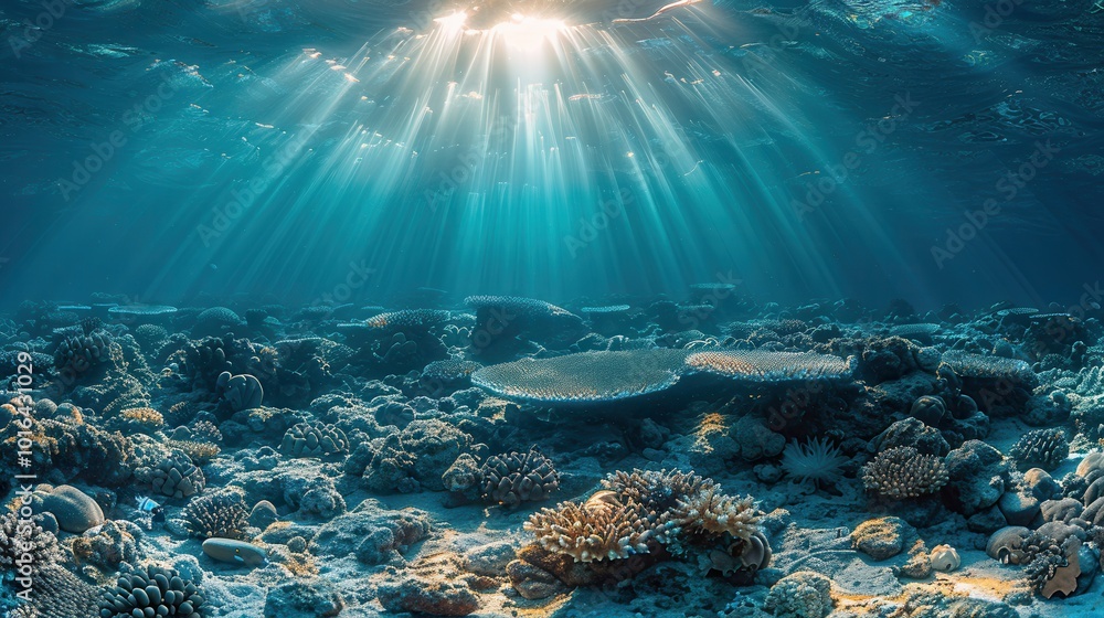 Naklejka premium Underwater Coral Reef with Sunlight Rays