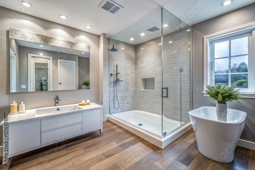 Modern small bathroom interior with white tub, tiled shower, and solid floor, featuring a sleek and stylish design, perfect for residential real estate.