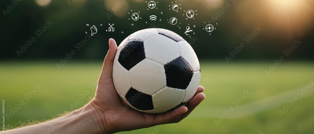 Naklejka premium A hand holding a soccer ball with vibrant background elements representing various soccer icons.