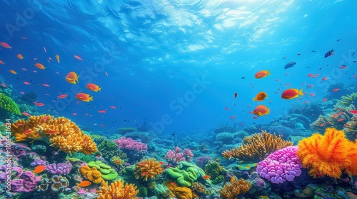 Vibrant Coral Reef Underwater Landscape with Colorful Fish