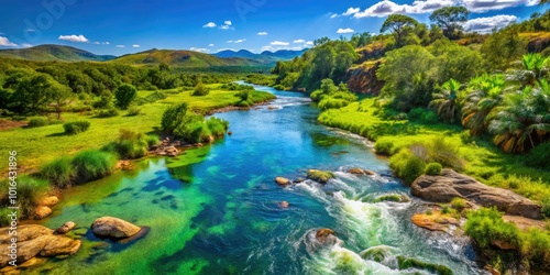 The Betsiboka River gracefully winds through Madagascarâ€™s vibrant green scenery, reflecting the clear blue sky, creating a picturesque view of untouched natural beauty. photo