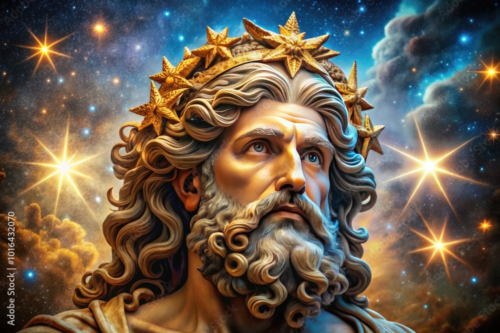 Obraz premium The Greek God of Stars emerges amidst celestial elements, radiating brilliance against a stunning stellar backdrop, embodying the majesty of the cosmos and divine illumination.