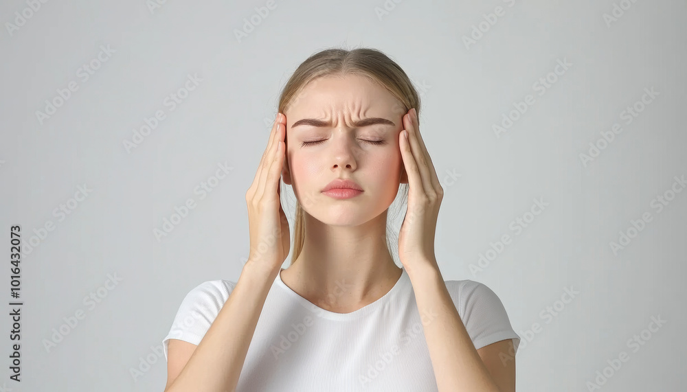 Tired woman suffering from headache, expressing discomfort and stress. Her facial expression shows struggle of dealing with pain, highlighting impact of headaches on daily life Tired woman suffering from headache, expressing discomfort and stress. Her facial expression shows struggle of dealing with pain, highlighting impact of headaches on daily life