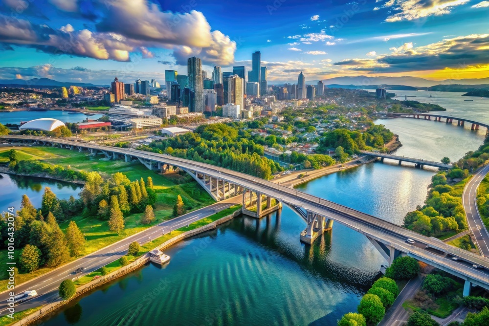Fototapeta premium The Jose Rizal Bridge in Seattle connects urban life with nature, gracefully arching over water while offering stunning views of the cityâ€™s skyline and surrounding greenery.