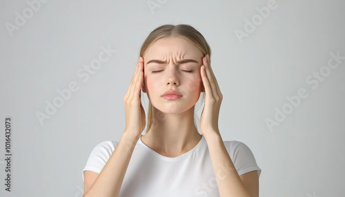 Tired woman suffering from headache, expressing discomfort and stress. Her facial expression shows struggle of dealing with pain, highlighting impact of headaches on daily life