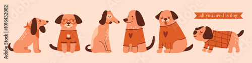 Collection of naive illustrations with cute dogs. Domestic pets sitting, walking in kawaii sweaters. Vector clip arts for cards, banners, stickers. Flat Design. All you need is dog. Contemporary arts.