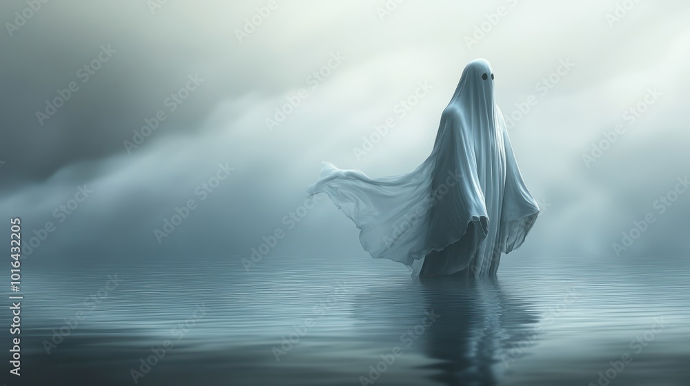 A ghostly figure stands in a misty lake, its white sheet billowing in the wind. A ghostly figure stands in a misty lake, its white sheet billowing in the wind.